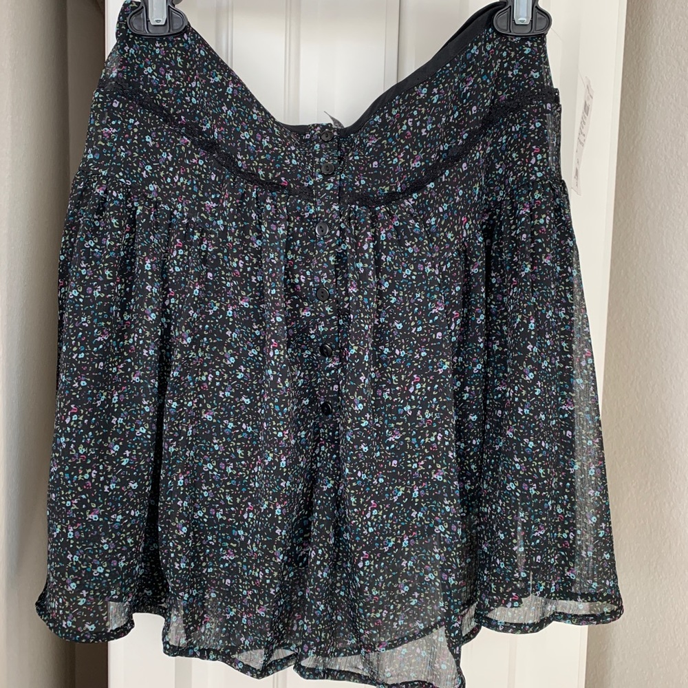Black floral chiffon sheer mini skirt with buttons